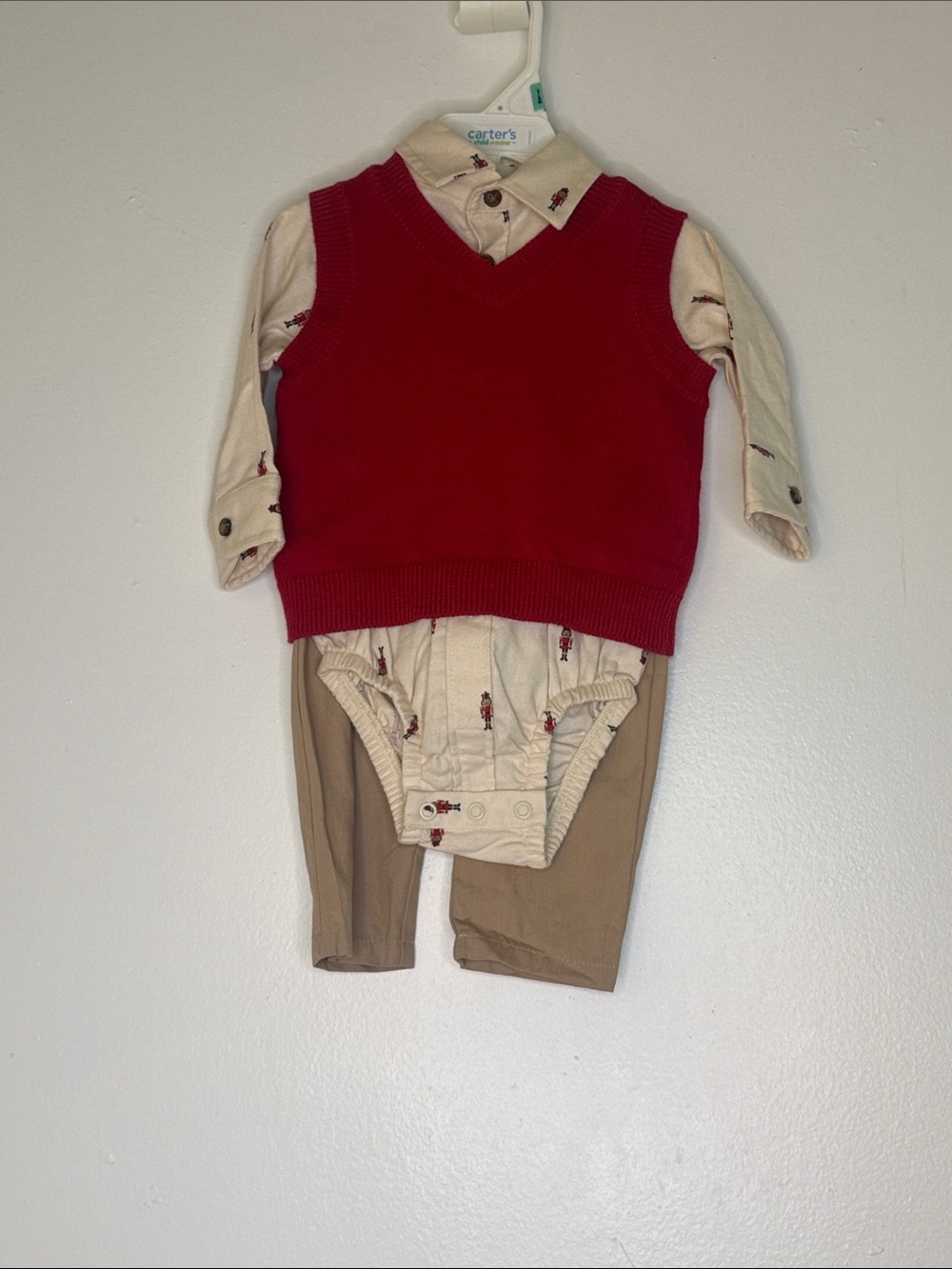 Carter's Red Sweater Vest Set with Cream Printed Bodysuit & Tan Pants